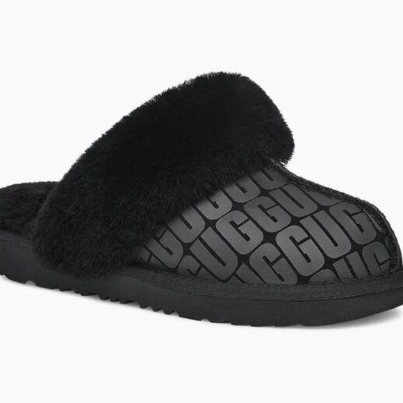 NIB‎ UGG LOGO WOMEN'S SUEDE SHEARLING COZY SLIDE SLIPPERS BLACK - Picture 1 of 11